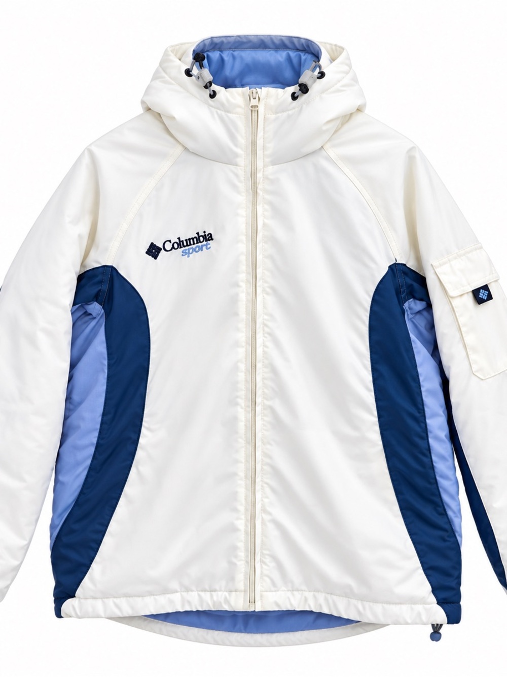 Columbia Vintage Ski Jacket White Blue Colorblock Fleece Lined Hooded Size L